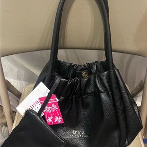 Trina Turk Black Gathered Leather Shoulder Bag with Pouch